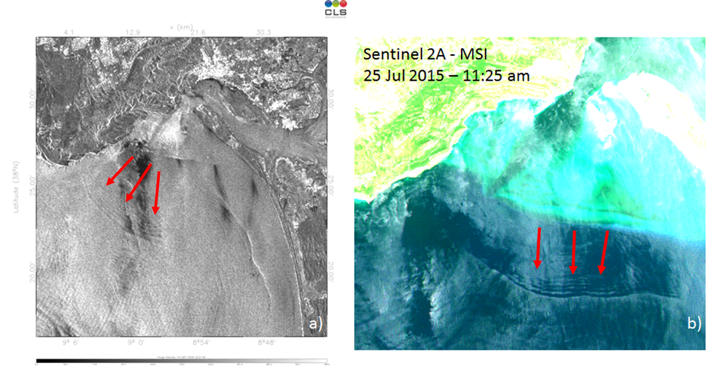Figure 1 - Satellite imaging detecting internal waves from Terra SAR-X satellite (a) and Sentinel 2A (b)