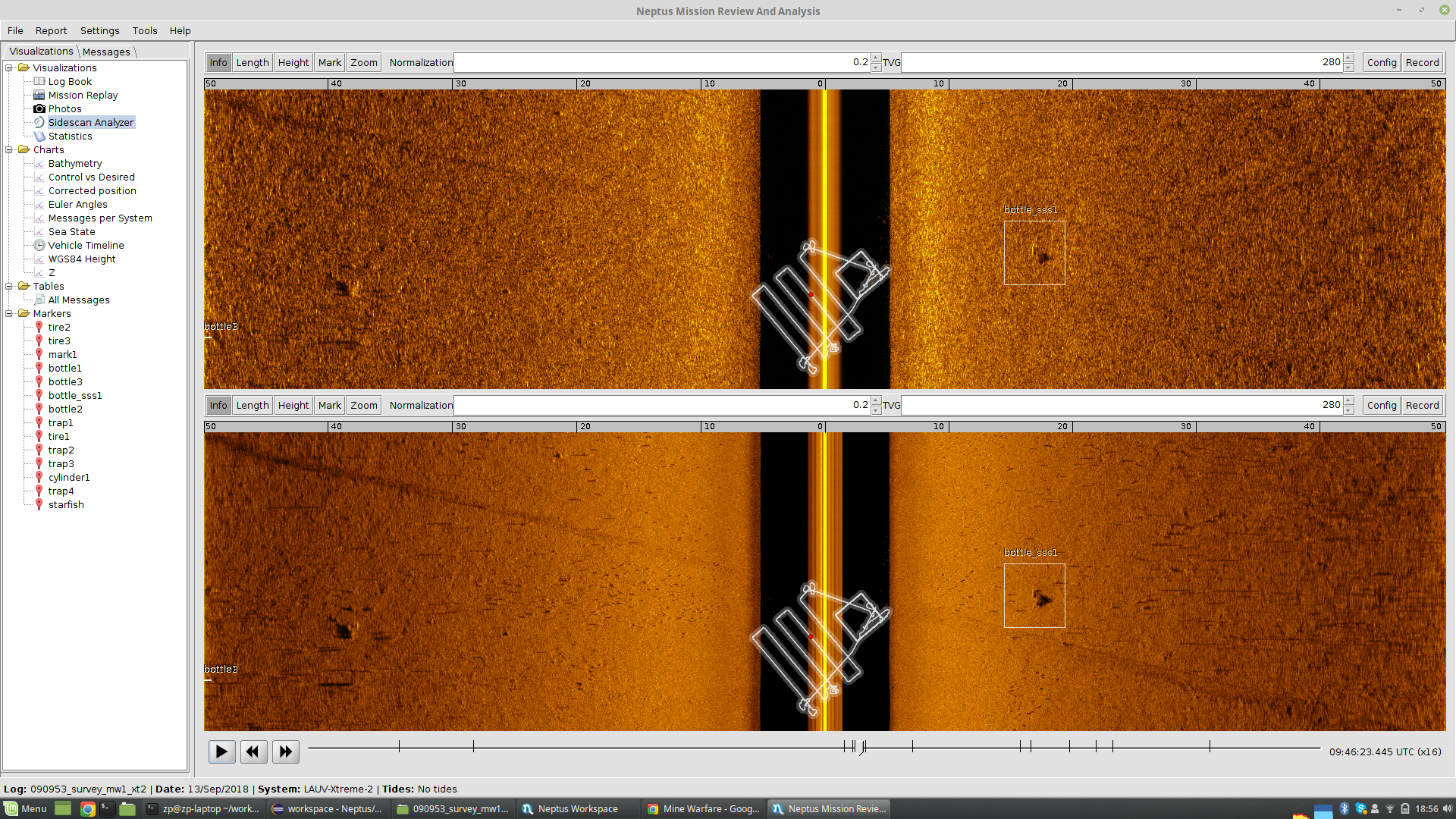 Neptus Mission Review and Analysis being used to revise the data of dual-frequency sidescan sonar mounted on LAUV-Xtreme-2